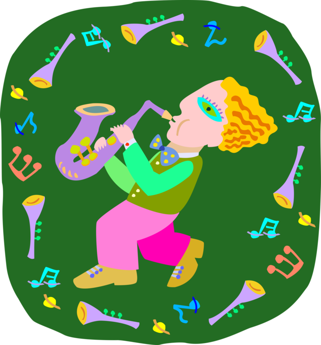 Vector Illustration of Young Boy Playing Saxophone Brass Single-Reed Mouthpiece Woodwind Instrument