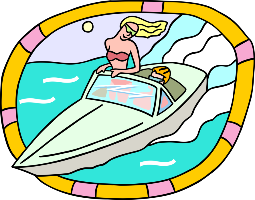 Vector Illustration of Motorboat Ride with Bikini Girl on Summer Day