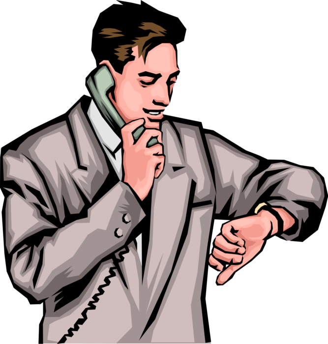 Vector Illustration of Businessman on Phone with Wristwatch Checks Time