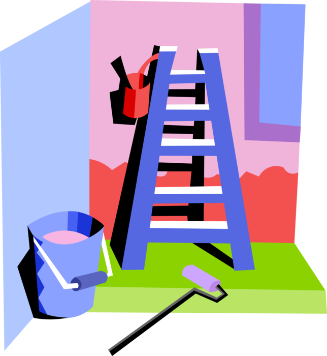 Vector Illustration of Paint Ladder with Bucket with Paintbrushes