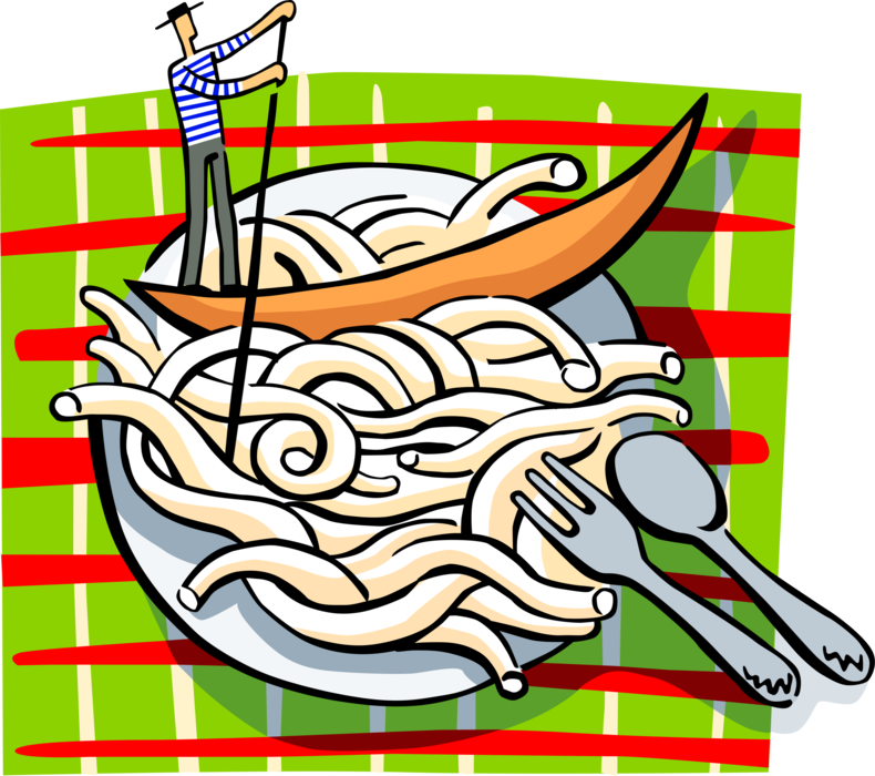 Vector Illustration of Italian Gondolier in Venice Canal Gondola with Fresh Plate of Pasta