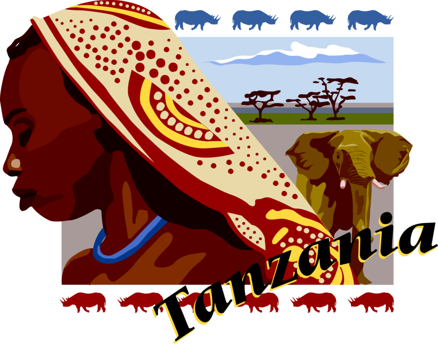 Vector Illustration of Tanzania Africa Postcard Design with Tribal Woman and Elephant and Rhinoceros