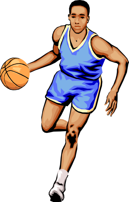 Vector Illustration of Sport of Basketball Game Player Dribbling Ball on Court