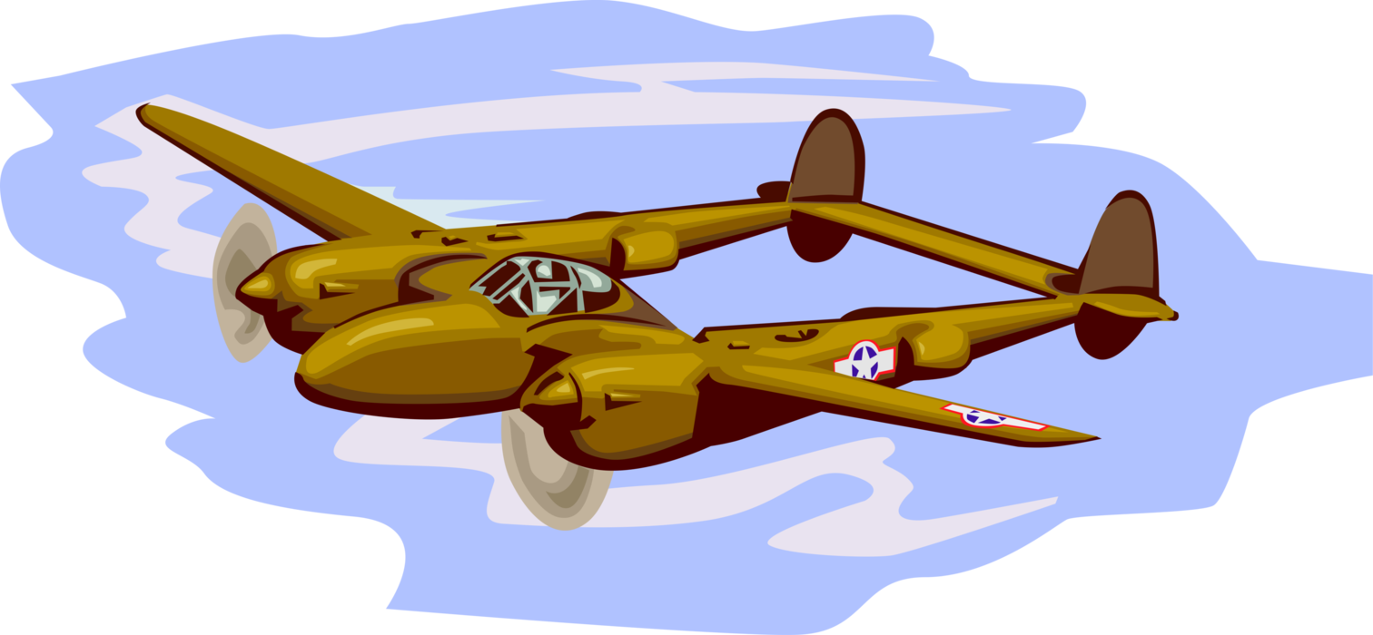 Vector Illustration of Lockheed P-38 Lightning American Second World War Propeller Fighter Aircraft