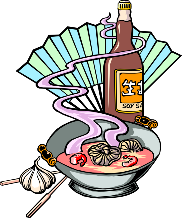 Vector Illustration of Japanese Soup with Mushrooms, Prawn Shrimp, Garlic and Soy Sauce