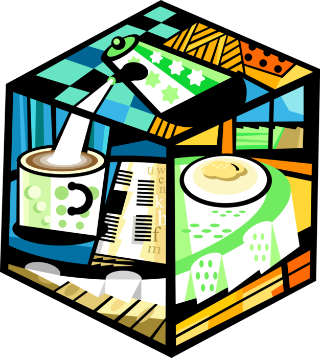 Vector Illustration of Morning Cup of Coffee with Newspaper, Coffeepot and Breakfast Pastry
