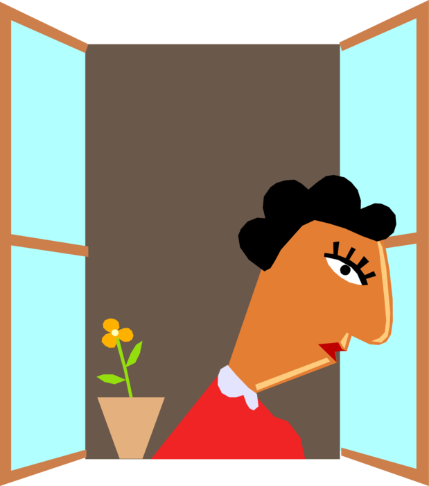 Vector Illustration of Sad Woman with Flower Looking Out the Window