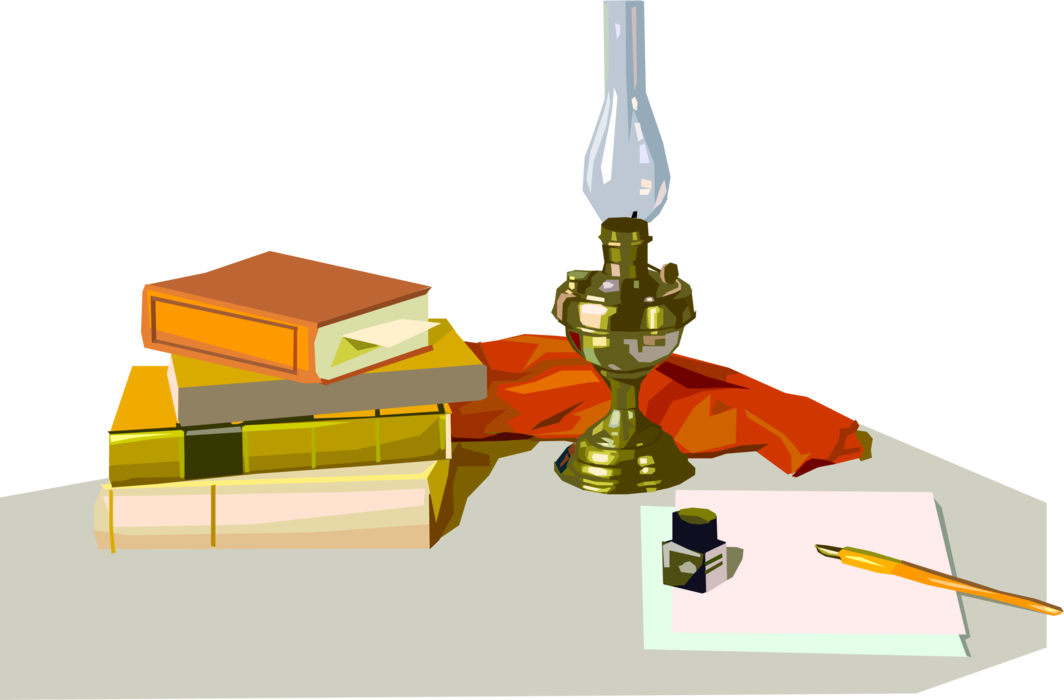 Vector Illustration of Kerosene Oil Lamp Hurricane Lantern with Pen, Inkwell and Writing Paper and Books