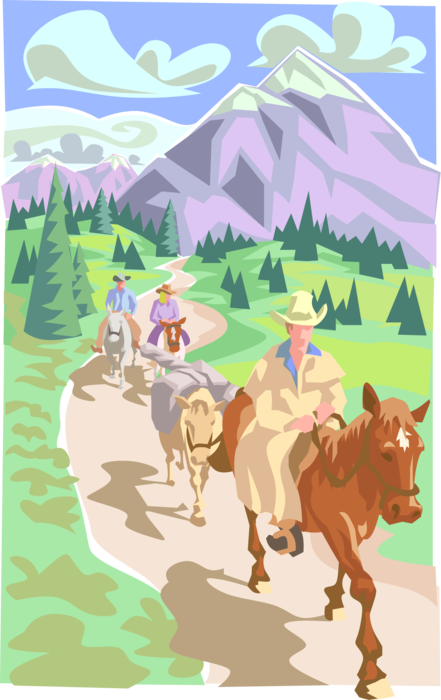 Vector Illustration of Horseback Riders Travel Mountain Trail on Horses
