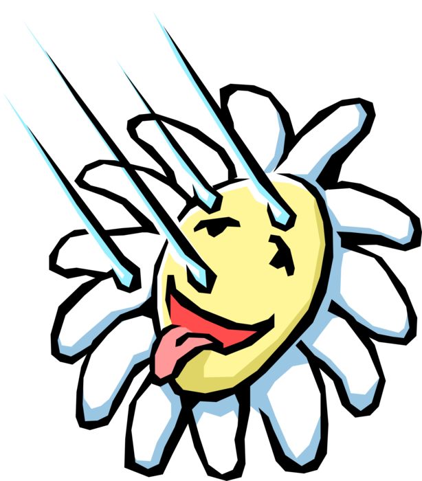 Vector Illustration of Personified White and Yellow Flower with Raindrops