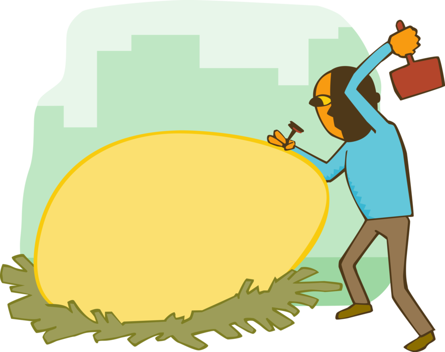 Vector Illustration of Businessman Cracking Golden Egg with Hammer and Chisel