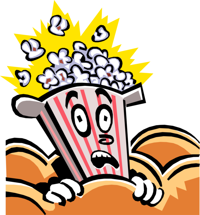 Vector Illustration of Anthropomorphic Popcorn Guy in Theatre or Theater Reacts to Movie