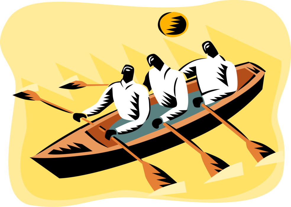Vector Illustration of Three Men Rowing Rowboat on Water