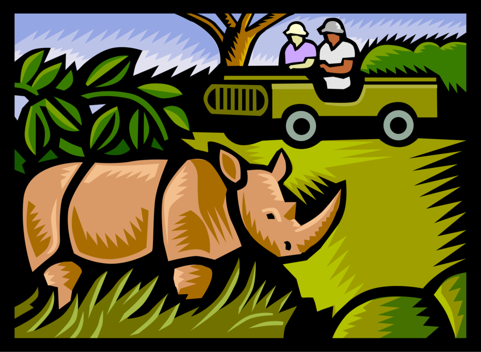 Vector Illustration of Tourists on Vacation on African Safari Watch Rhino in Jungle