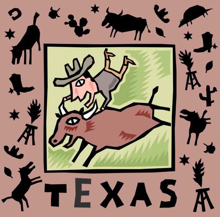 Vector Illustration of Texas Famous for Rodeo with Bull Riding, Oil Derricks, and Cowboys