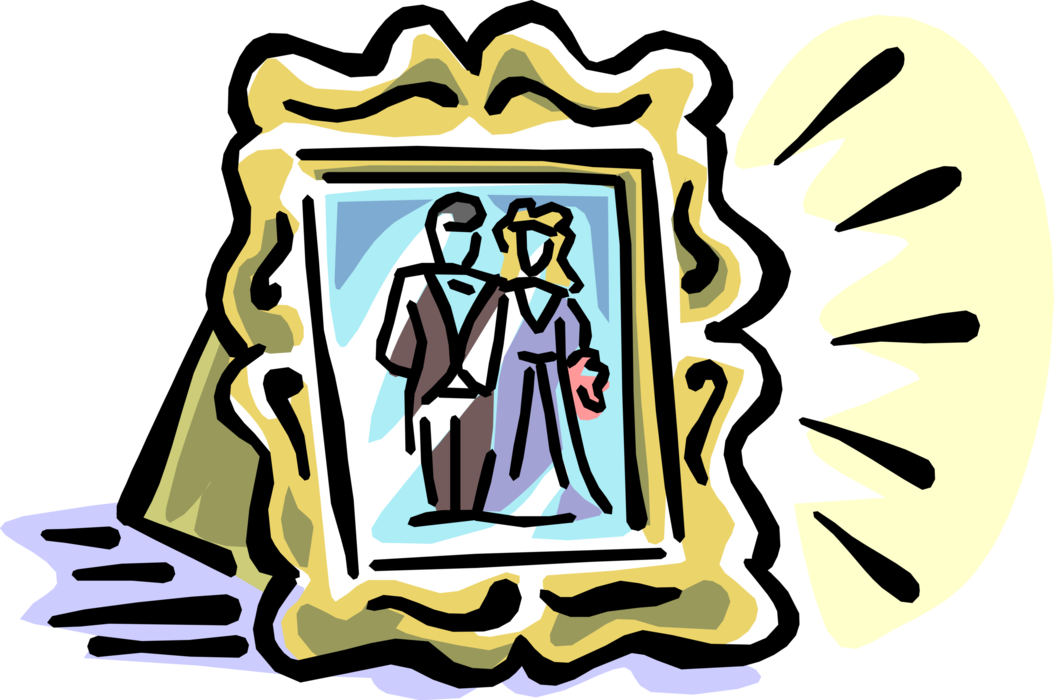Vector Illustration of Newlywed Bride and Groom Portrait in Picture Frame