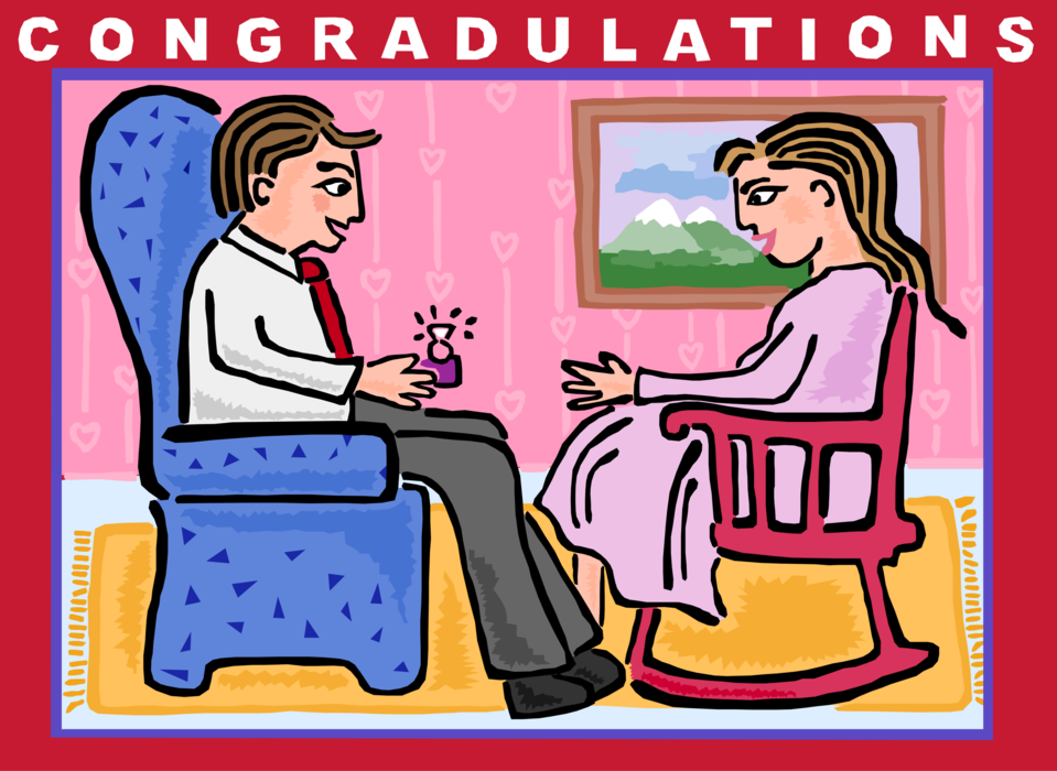 Vector Illustration of Congratulations! Engagement Ring Presented to Fiancé
