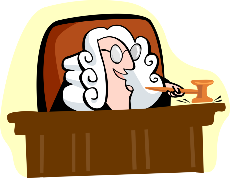 Vector Illustration of Judge Behind Judicial Law Court Bench Pounds His Gavel