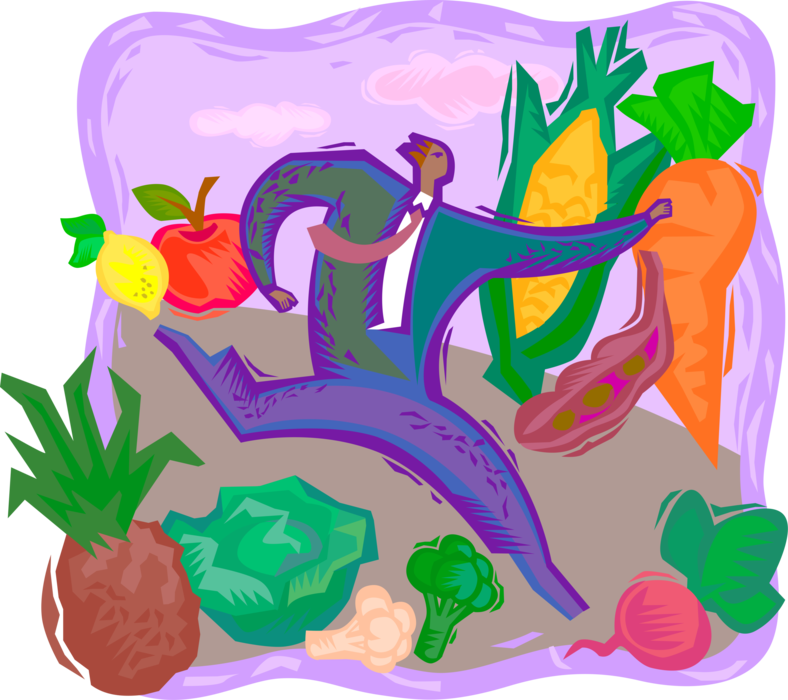 Vector Illustration of Businessman Running Through Garden Vegetables and Fruit