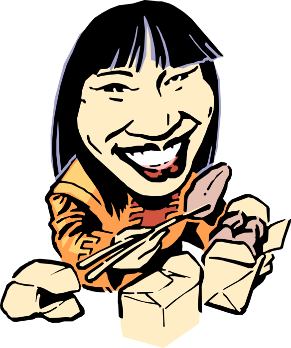 Vector Illustration of Asian Female with Chopsticks and Chinese Food