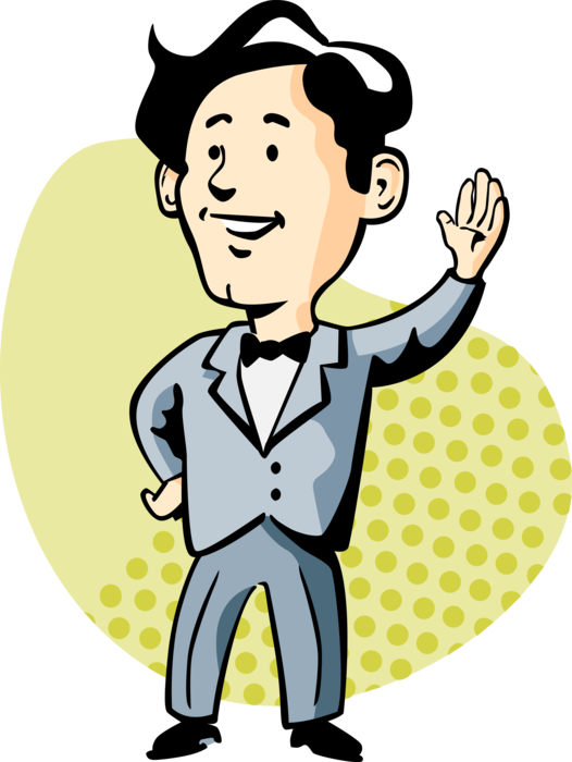 Vector Illustration of Sharp Dressed Man with Bow Tie Waving