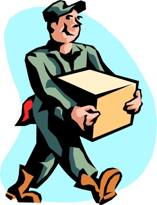 Vector Illustration of Warehouse Shipping and Receiving Clerk Carries Box to Loading Dock