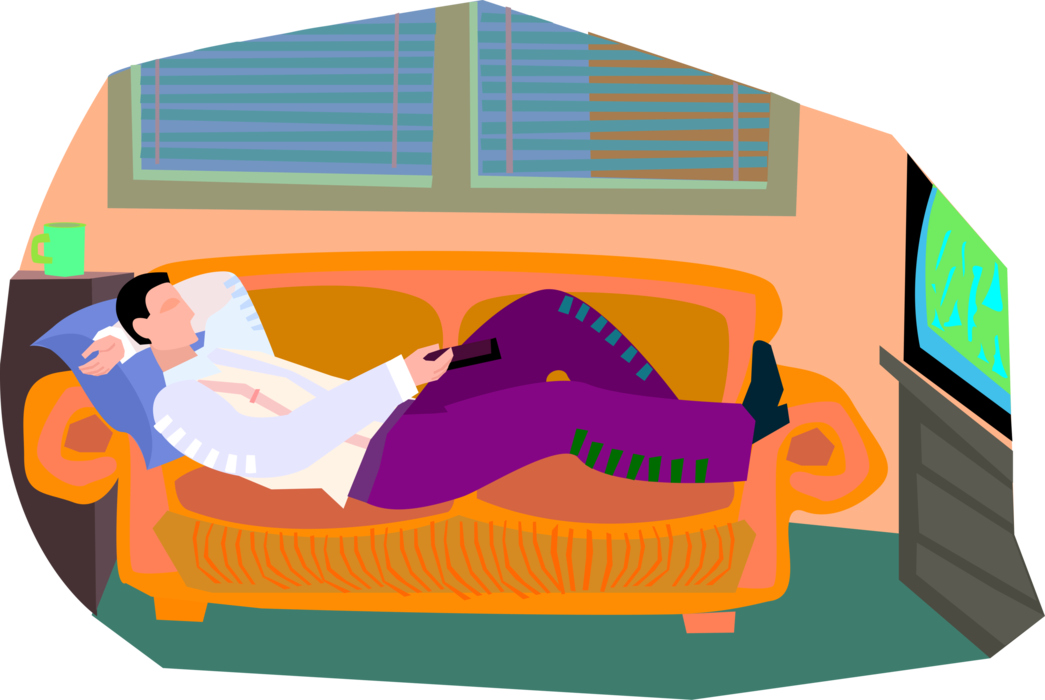 Vector Illustration of Couch Potato Watching Television and Relaxing