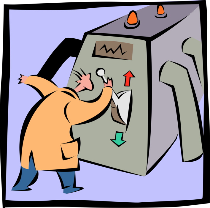 Vector Illustration of Man at Work in Factory Switches Lever on Machine