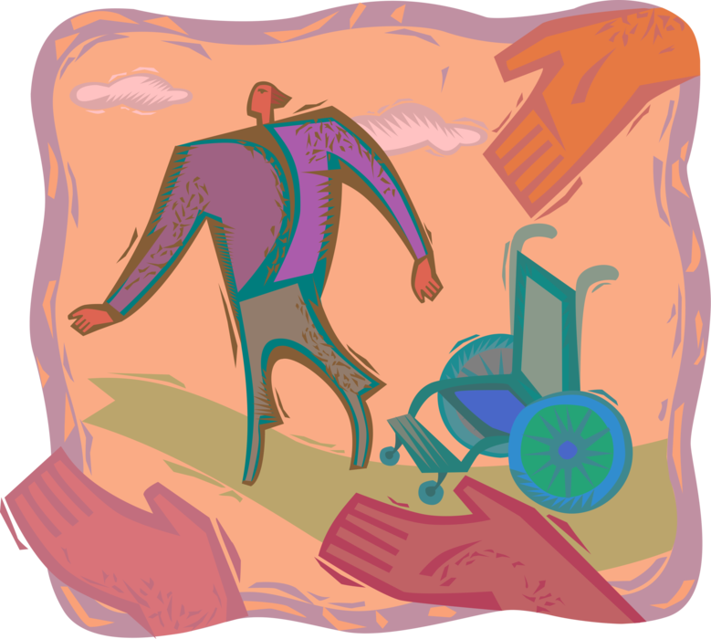 Vector Illustration of Health Care Helping Hands with Wheelchair and Healthy Patient