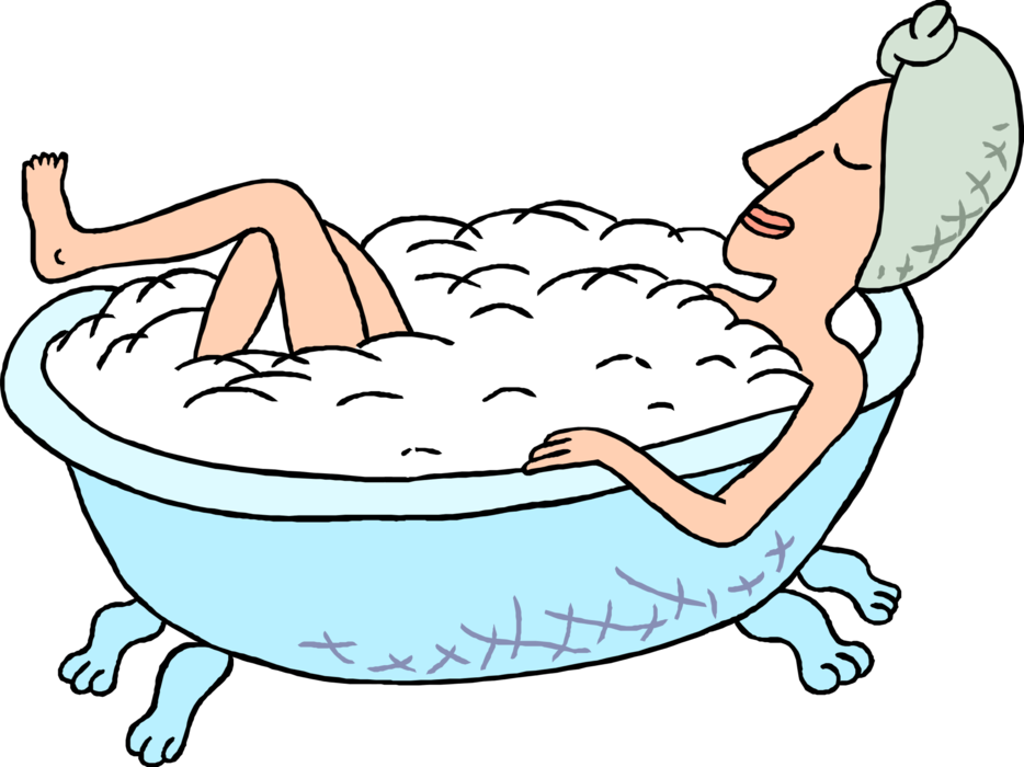 Vector Illustration of Woman Enjoys Relaxing Bubble Bath in Bathtub