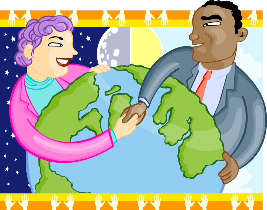 Vector Illustration of Man and Woman Shaking Hands Around the World
