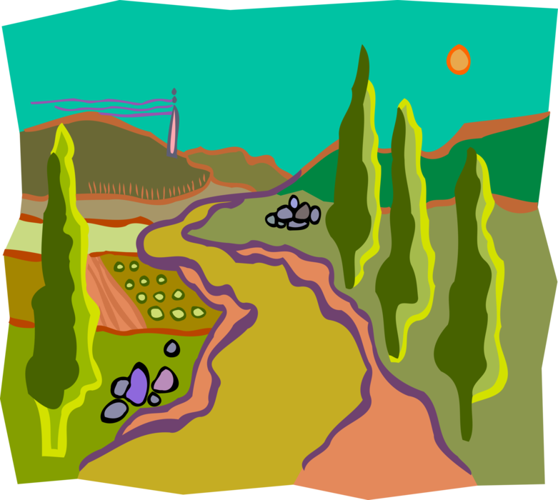 Vector Illustration of Path Through Landscape with Cedar Trees