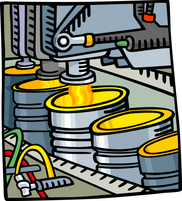 Vector Illustration of Industrial Factory Manufacturing Process Assembly Line Containers Receive Liquid Product