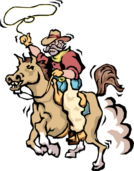 Vector Illustration of Western Cowboy on Horse with Rope Lariat Lasso Roundup