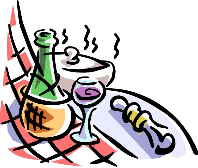 Vector Illustration of Italian Restaurant Wine Bottle and Checkered Table Cloth