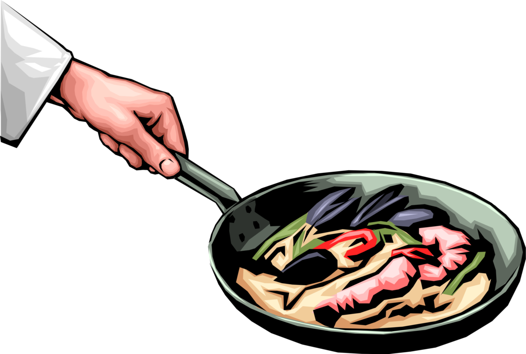 Vector Illustration of Cooking Decapod Crustacean Prawn Shrimp and Mussels in Frying Pan