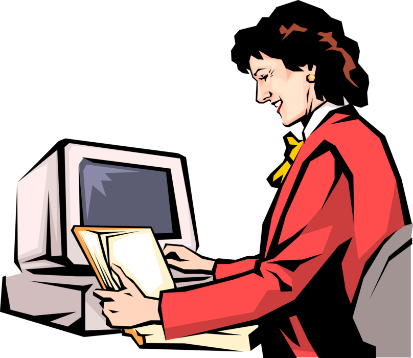 Vector Illustration of Businesswoman Reviews Documents Working at Computer