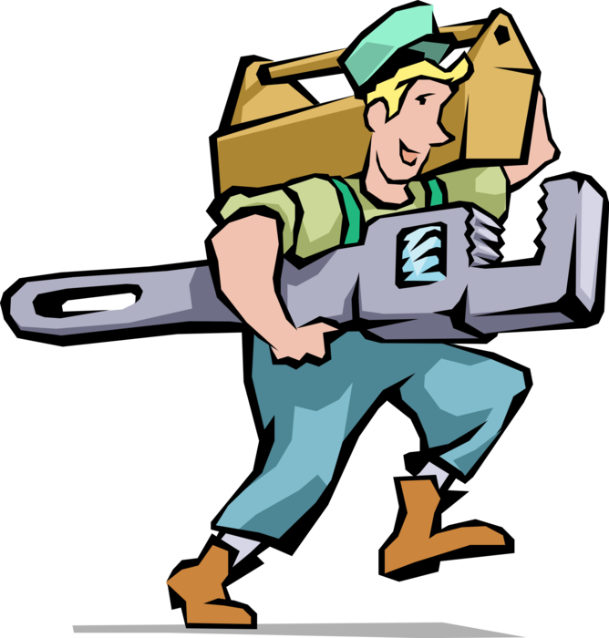 Vector Illustration of Handyman Home Renovation Expert Plumber Carries Pipe Wrench with Toolbox