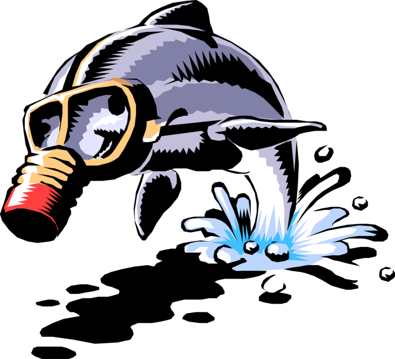 Vector Illustration of Aquatic Marine Mammal Cetacean Dolphin with Gas Mask in Polluted Water