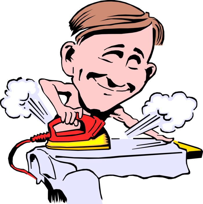 Vector Illustration of Man Irons his Shirt on Ironing Board