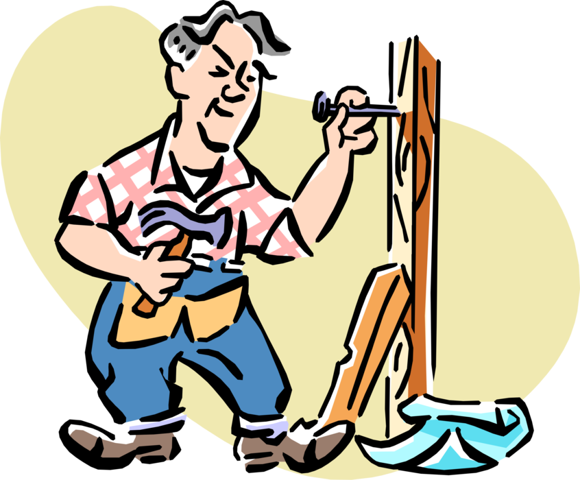 Vector Illustration of Do-It-Yourself Home Improvement Handyman Hard at Work with Hammer and Nails
