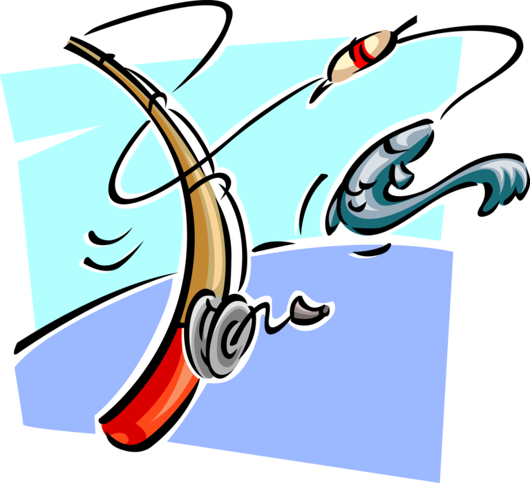 Vector Illustration of Fishing Rod Landing Fish