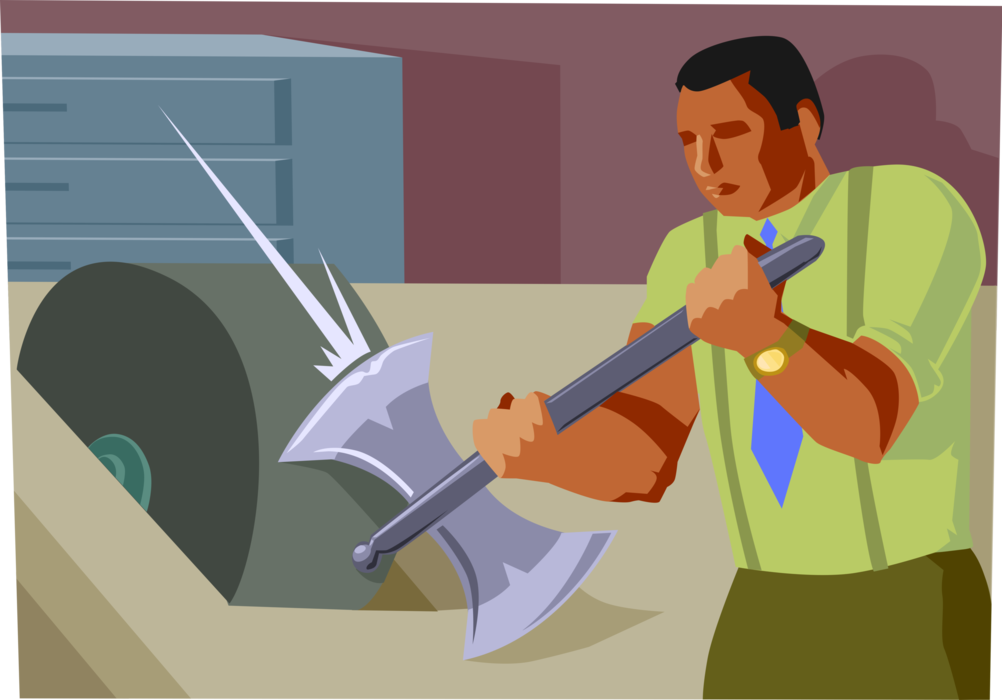 Vector Illustration of Businessman Puts His Axe to the Grindstone for Sharp Edge