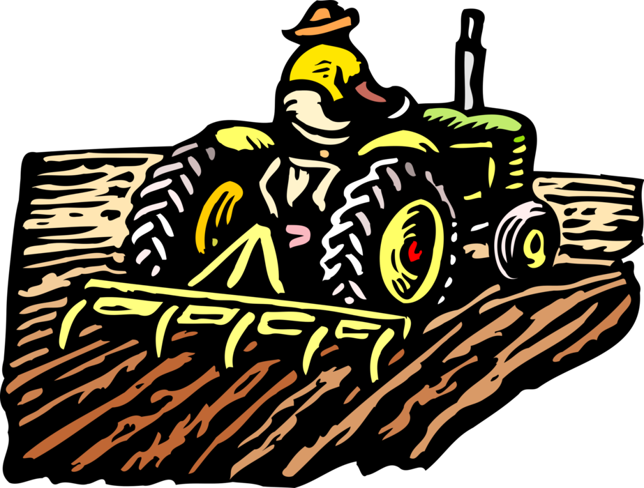 Vector Illustration of Farmer on Tractor Plowing or Ploughing Field
