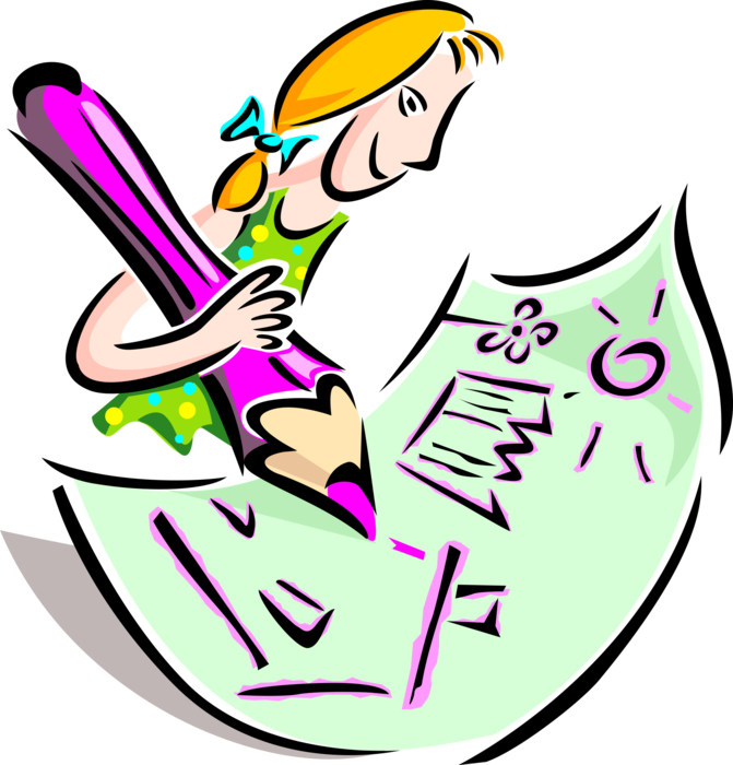 Vector Illustration of Girl with Colored Pencil Writing Instrument Draws Picture