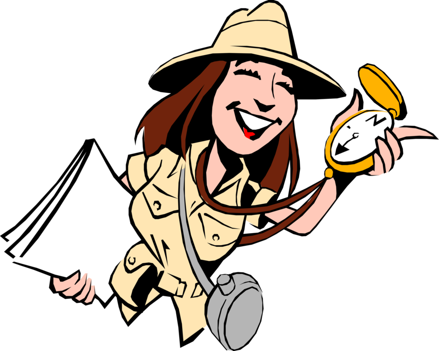 Vector Illustration of Cheerful Female Safari Adventurer with Navigation Compass