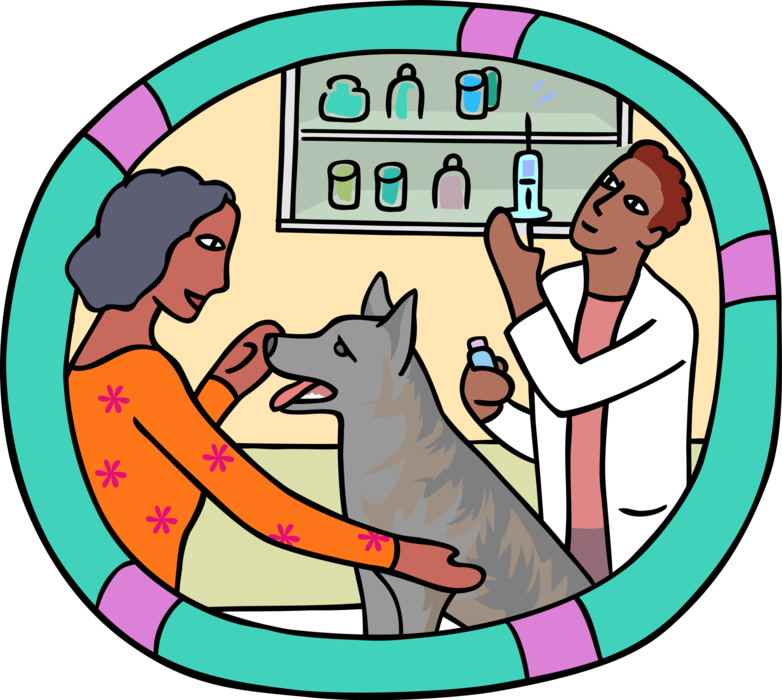 Vector Illustration of Veterinarian Administers Treatment to Patient Family Pet Dog