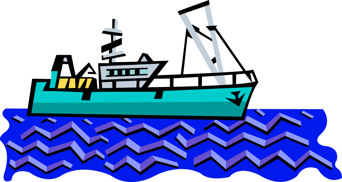 Vector Illustration of Commercial Fishing Trawler Boat Catching Fish