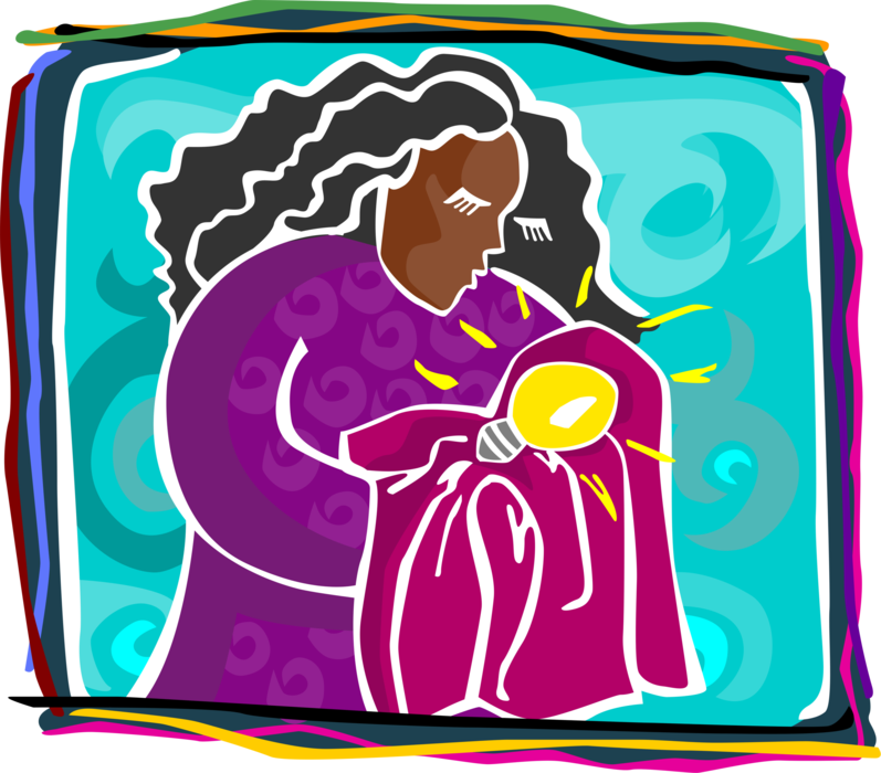 Vector Illustration of Woman with Brand New Idea Light Bulb that Requires Mother's Nurturing