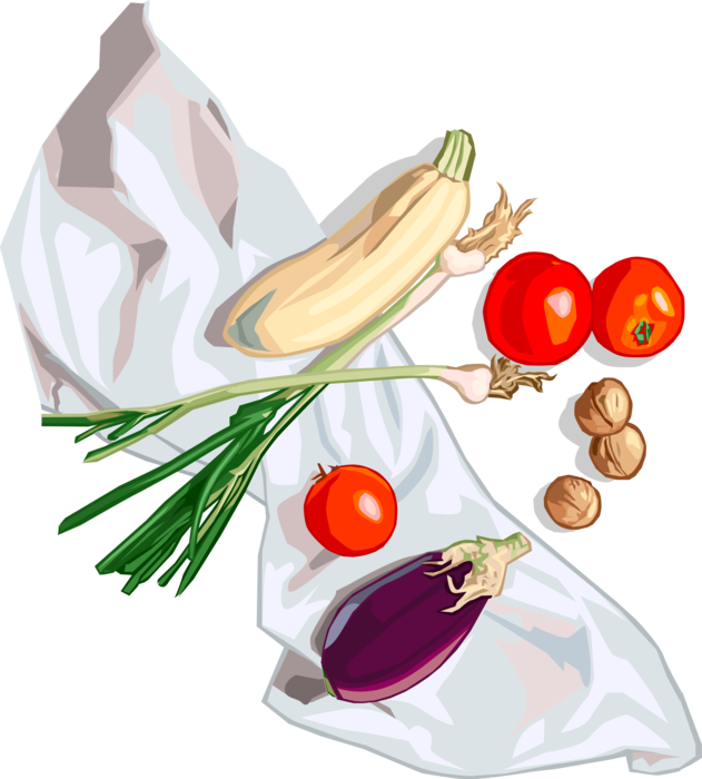 Vector Illustration of Vegetable Platter with Eggplant Aubergine, Tomatoes and Squash